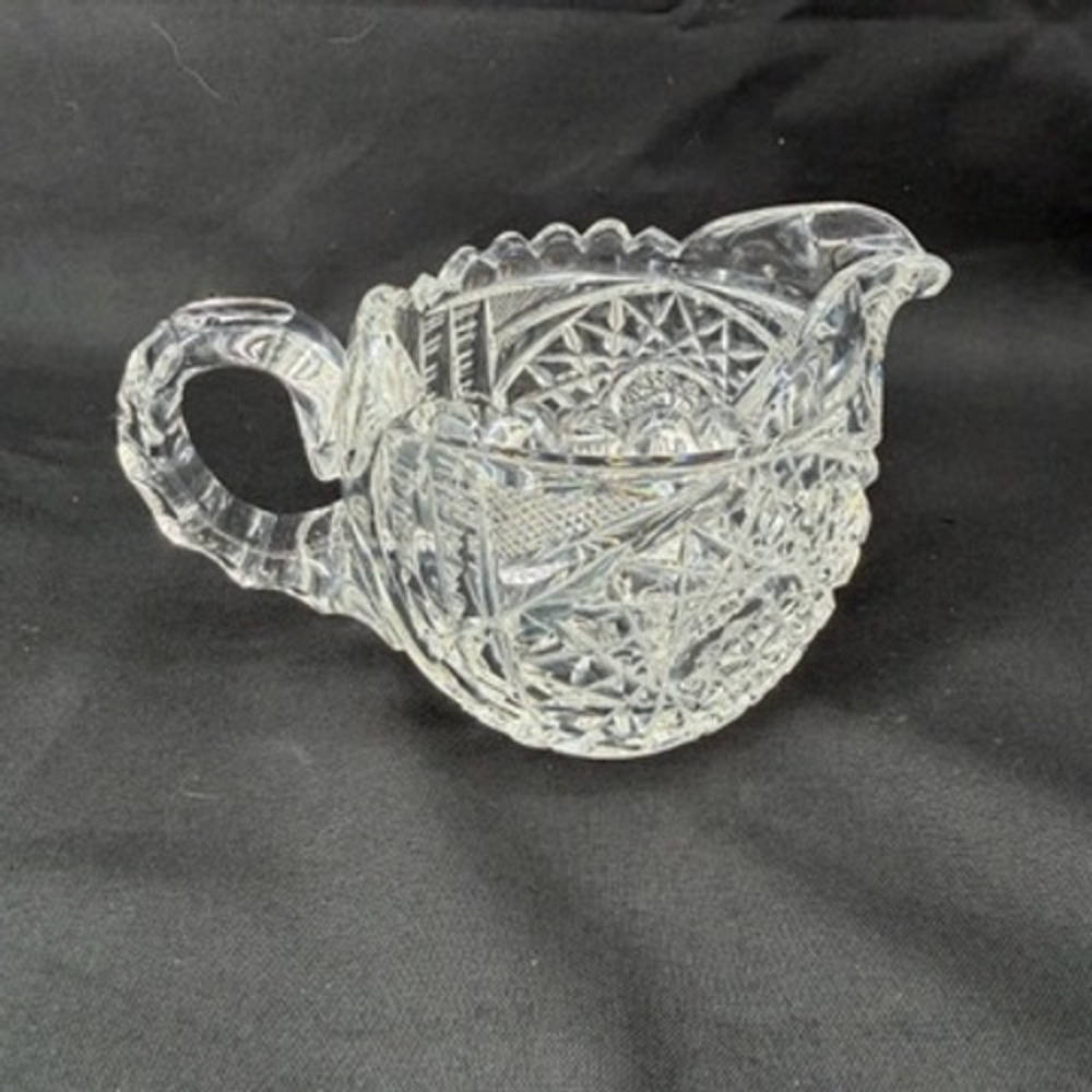 Vintage Cut Glass Creamer Pitcher American Brilliant Style Starburst Pattern